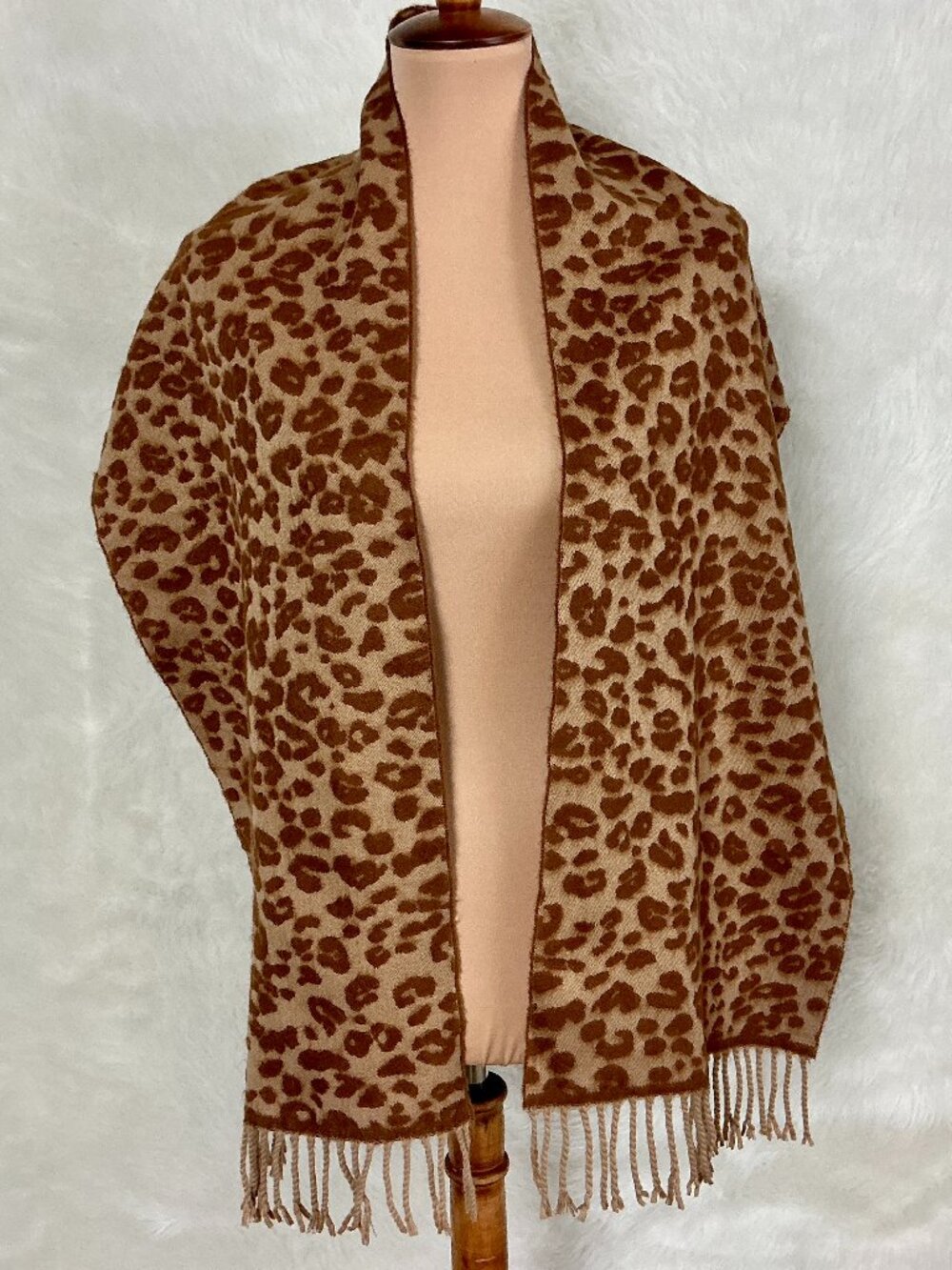 Brown & Tan Leopard Animal Print Fringe 100% Cashmere Scarf Fall Winter OS